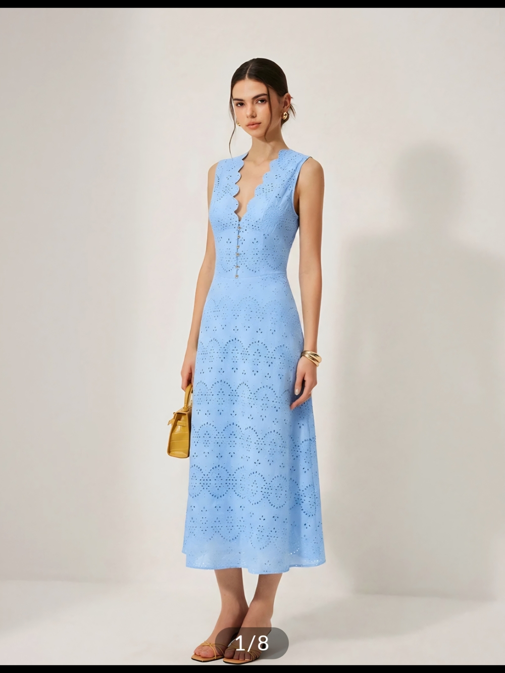 100% Cotton Sleeveless Embroidered Eyelet Dress with Deep V Neck